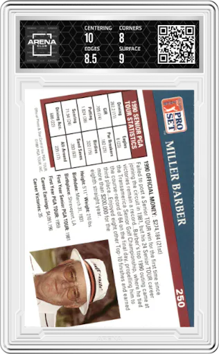 Miller Barber from the 1991 Pro Set PGA Tour set graded by Arena Club and given an overall grade of 8.5.