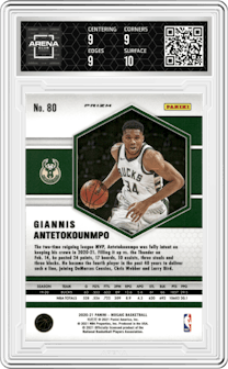 Giannis Antetokounmpo from the 2020-21 Panini Mosaic set featuring a Mosaic parallel graded by Arena Club and given an overall grade of 9.5.
