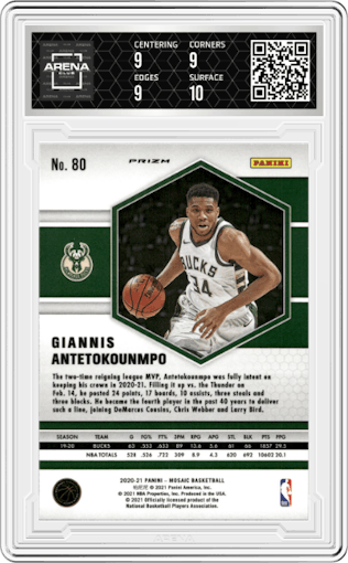 Giannis Antetokounmpo from the 2020-21 Panini Mosaic set featuring a Mosaic parallel graded by Arena Club and given an overall grade of 9.5.