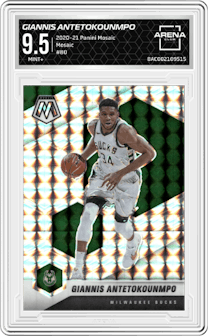 Giannis Antetokounmpo from the 2020-21 Panini Mosaic set featuring a Mosaic parallel graded by Arena Club and given an overall grade of 9.5.