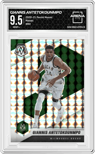 Giannis Antetokounmpo from the 2020-21 Panini Mosaic set featuring a Mosaic parallel graded by Arena Club and given an overall grade of 9.5.