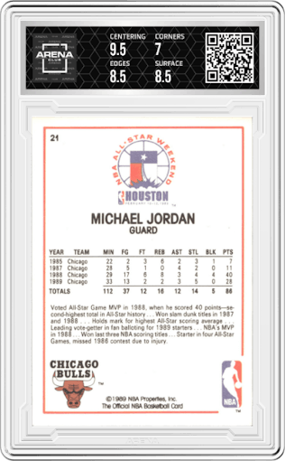 Michael Jordan from the 1989-90 NBA Hoops  set graded by Arena Club and given an overall grade of 7.5.