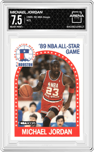 Michael Jordan from the 1989-90 NBA Hoops  set graded by Arena Club and given an overall grade of 7.5.