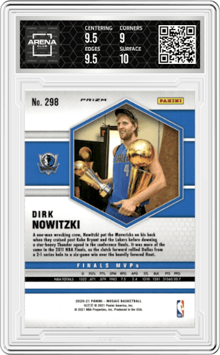 Dirk Nowitzki from the 2020-21 Panini Mosaic set featuring a Pink Camo parallel graded by Arena Club and given an overall grade of 9.5.