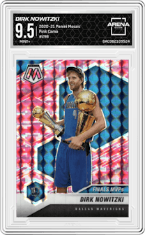 Dirk Nowitzki from the 2020-21 Panini Mosaic set featuring a Pink Camo parallel graded by Arena Club and given an overall grade of 9.5.