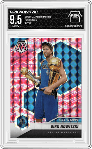 Dirk Nowitzki from the 2020-21 Panini Mosaic set featuring a Pink Camo parallel graded by Arena Club and given an overall grade of 9.5.