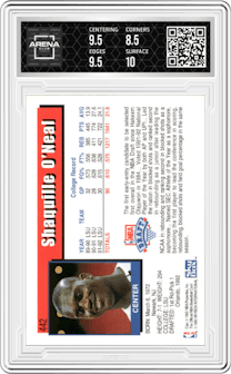 Shaquille O'Neal from the 1992-93 NBA Hoops set graded by Arena Club and given an overall grade of 9.