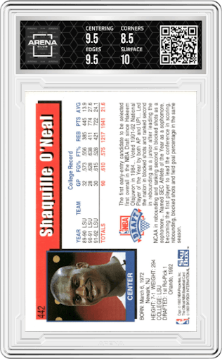 Shaquille O'Neal from the 1992-93 NBA Hoops set graded by Arena Club and given an overall grade of 9.