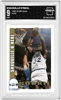 Shaquille O'Neal from the 1992-93 NBA Hoops set graded by Arena Club and given an overall grade of 9.