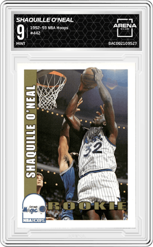 Shaquille O'Neal from the 1992-93 NBA Hoops set graded by Arena Club and given an overall grade of 9.