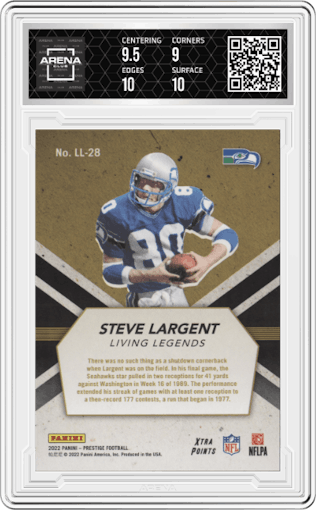 Steve Largent from the 2022 Panini Prestige set featuring a Xtra Points Green parallel graded by Arena Club and given an overall grade of 9.5.