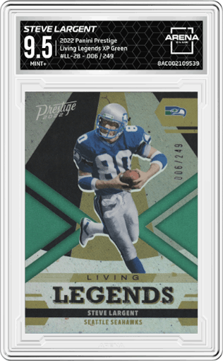 Steve Largent from the 2022 Panini Prestige set featuring a Xtra Points Green parallel graded by Arena Club and given an overall grade of 9.5.