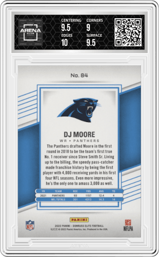 DJ Moore from the 2022 Panini Donruss Elite set featuring a Teal parallel graded by Arena Club and given an overall grade of 9.5.