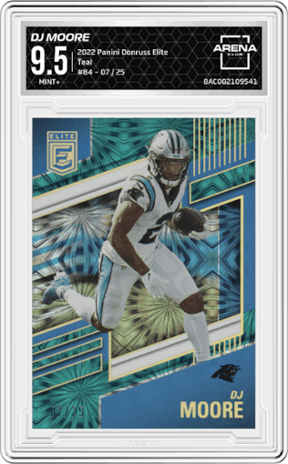 DJ Moore from the 2022 Panini Donruss Elite set featuring a Teal parallel graded by Arena Club and given an overall grade of 9.5.