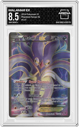 Malamar EX from the 2014 Pokemon XY set graded by Arena Club and given an overall grade of 8.5.