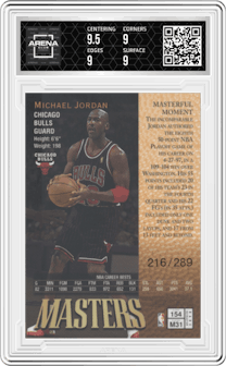 Michael Jordan from the 1997-98 Topps Finest set featuring a Gold Refractor W/Coating parallel graded by Arena Club and given an overall grade of 9.