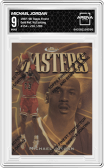 Michael Jordan from the 1997-98 Topps Finest set featuring a Gold Refractor W/Coating parallel graded by Arena Club and given an overall grade of 9.