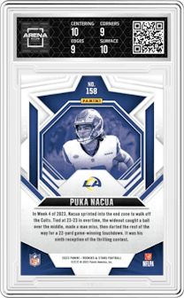 Puka Nacua from the 2023 Panini Rookies & Stars set graded by Arena Club and given an overall grade of 9.5.