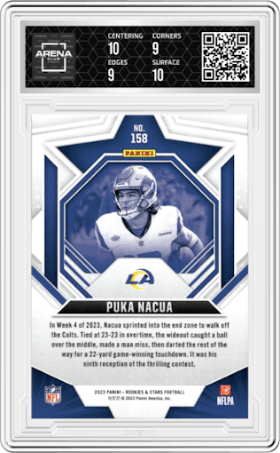Puka Nacua from the 2023 Panini Rookies & Stars set graded by Arena Club and given an overall grade of 9.5.