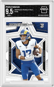 Puka Nacua from the 2023 Panini Rookies & Stars set graded by Arena Club and given an overall grade of 9.5.