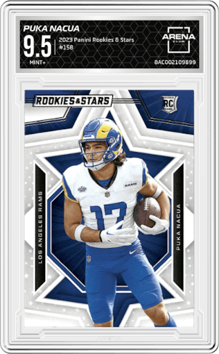 Puka Nacua from the 2023 Panini Rookies & Stars set graded by Arena Club and given an overall grade of 9.5.