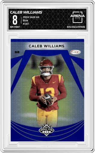 Caleb Williams from the 2024 SAGE Hit set featuring a Blue parallel graded by Arena Club and given an overall grade of 8.