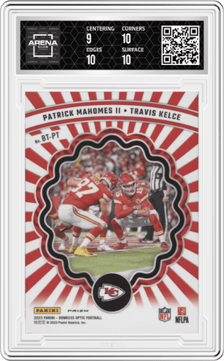 Patrick Mahomes/Travis Kelce from the 2023 Donruss Optic set featuring a Holo parallel graded by Arena Club and given an overall grade of 9.5.