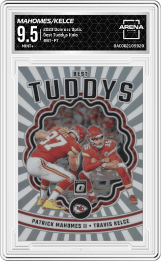 Patrick Mahomes/Travis Kelce from the 2023 Donruss Optic set featuring a Holo parallel graded by Arena Club and given an overall grade of 9.5.