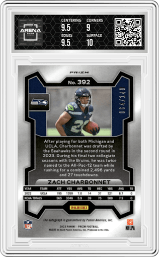 Zach Charbonnet from the 2023 Panini Prizm set featuring a Red Wave parallel graded by Arena Club and given an overall grade of 9.5.