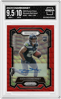 Zach Charbonnet from the 2023 Panini Prizm set featuring a Red Wave parallel graded by Arena Club and given an overall grade of 9.5.