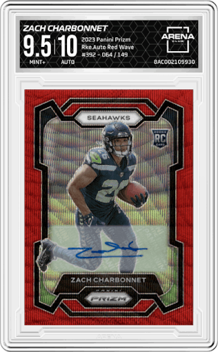 Zach Charbonnet from the 2023 Panini Prizm set featuring a Red Wave parallel graded by Arena Club and given an overall grade of 9.5.