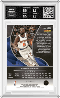 Kemba Walker from the 2021-22 Panini Spectra set featuring a Gold parallel graded by Arena Club and given an overall grade of 9.5.