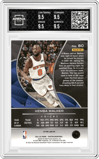 Kemba Walker from the 2021-22 Panini Spectra set featuring a Gold parallel graded by Arena Club and given an overall grade of 9.5.