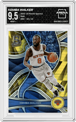Kemba Walker from the 2021-22 Panini Spectra set featuring a Gold parallel graded by Arena Club and given an overall grade of 9.5.