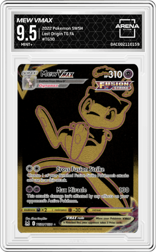 Mew VMax from the 2022 Pokemon SWSH set graded by Arena Club and given an overall grade of 9.5.