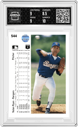 Nolan Ryan from the 1990 Upper Deck set graded by Arena Club and given an overall grade of 9.