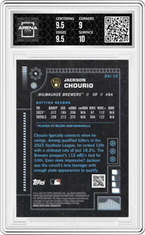 Jackson Chourio from the 2024 Bowman set graded by Arena Club and given an overall grade of 9.5.