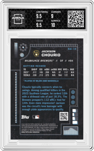 Jackson Chourio from the 2024 Bowman set graded by Arena Club and given an overall grade of 9.5.