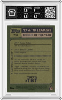 Aaron Judge/Shohei Ohtani from the 2018 Topps Throwback Thursday set graded by Arena Club and given an overall grade of 8.5.