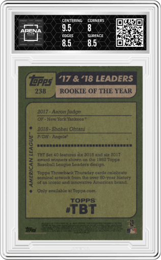 Aaron Judge/Shohei Ohtani from the 2018 Topps Throwback Thursday set graded by Arena Club and given an overall grade of 8.5.