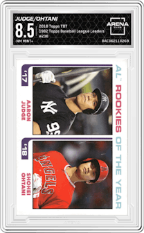 Aaron Judge/Shohei Ohtani from the 2018 Topps Throwback Thursday set graded by Arena Club and given an overall grade of 8.5.