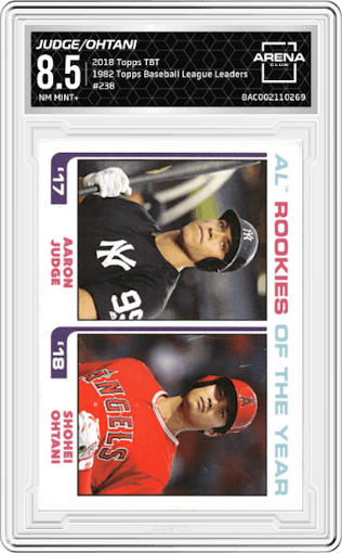 Aaron Judge/Shohei Ohtani from the 2018 Topps Throwback Thursday set graded by Arena Club and given an overall grade of 8.5.