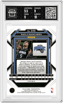 Paolo Banchero from the 2022-23 Panini Prizm  set featuring a Silver Prizm parallel graded by Arena Club and given an overall grade of 9.5.
