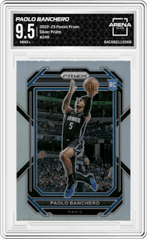 Paolo Banchero from the 2022-23 Panini Prizm  set featuring a Silver Prizm parallel graded by Arena Club and given an overall grade of 9.5.