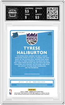Tyrese Haliburton from the 2020-21 Panini Donruss Optic set featuring a Purple parallel graded by Arena Club and given an overall grade of 9.5.