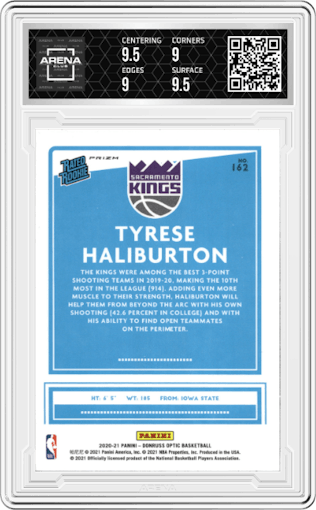 Tyrese Haliburton from the 2020-21 Panini Donruss Optic set featuring a Purple parallel graded by Arena Club and given an overall grade of 9.5.