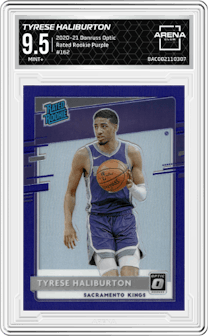 Tyrese Haliburton from the 2020-21 Panini Donruss Optic set featuring a Purple parallel graded by Arena Club and given an overall grade of 9.5.