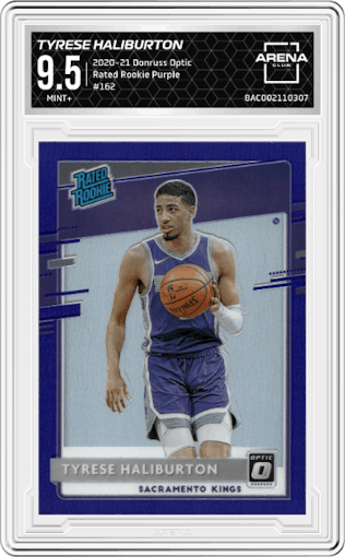 Tyrese Haliburton from the 2020-21 Panini Donruss Optic set featuring a Purple parallel graded by Arena Club and given an overall grade of 9.5.