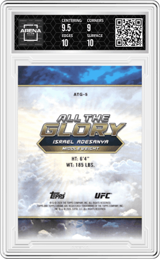 Israel Adesanya from the 2024 Topps Chrome UFC set graded by Arena Club and given an overall grade of 9.5.