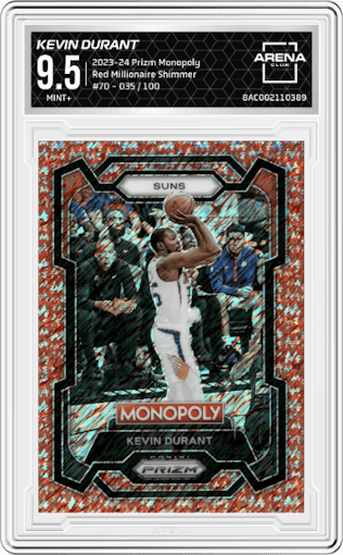 Kevin Durant from the 2023-24 Panini Prizm Monopoly set featuring a Red Millionaire Shimmer parallel graded by Arena Club and given an overall grade of 9.5.